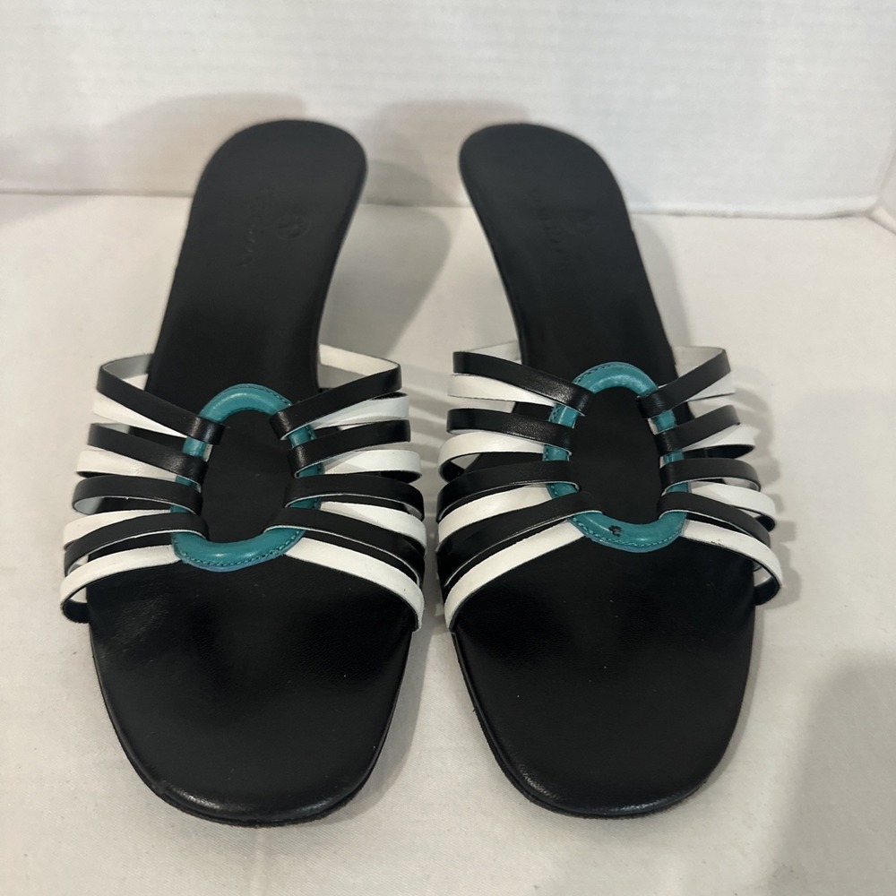 Cole Haan Black White Blue Leather Kitten Heel Sandals SIZE 9B